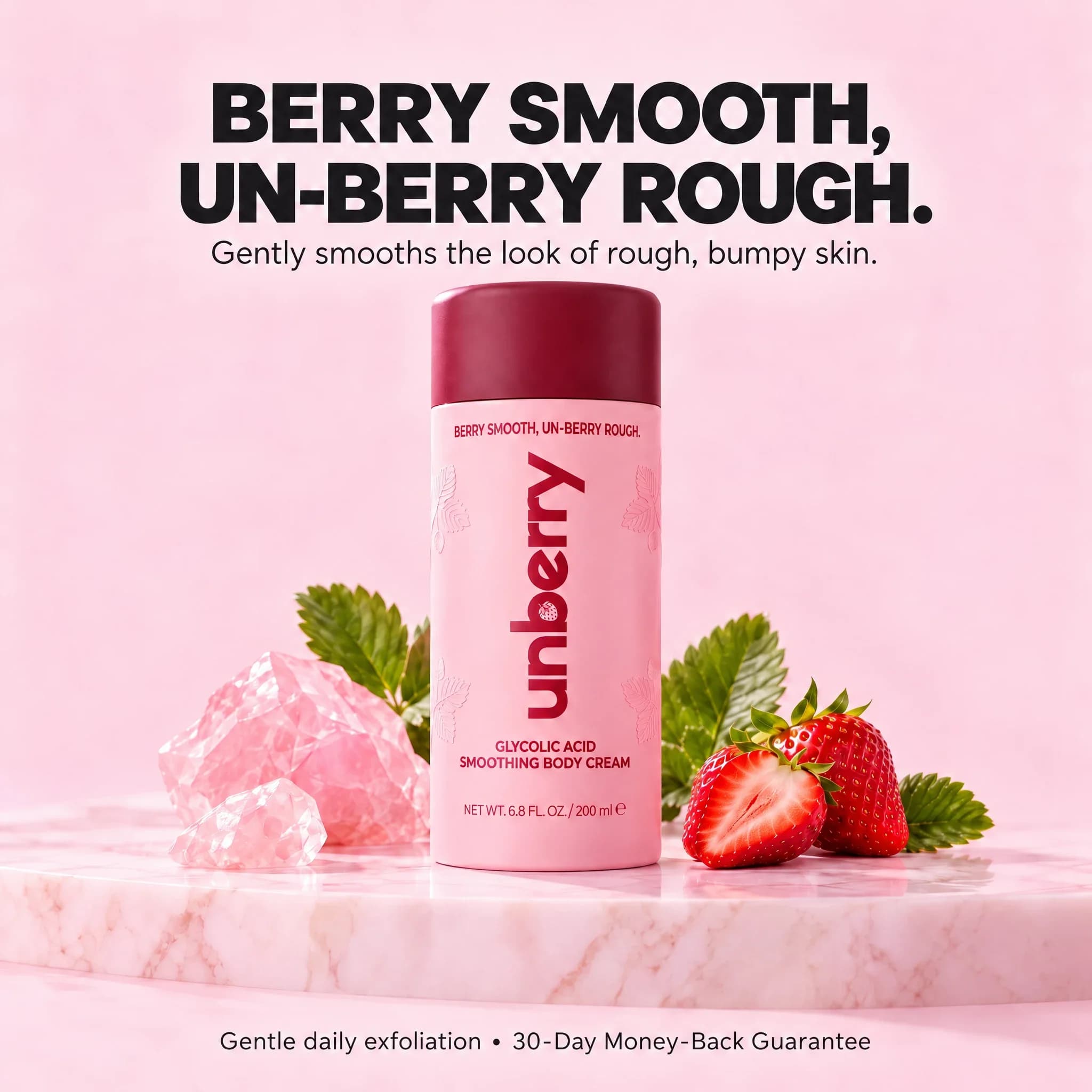 unberry Glycolic Acid Smoothing Body Cream bottle on pink marble with fresh strawberries