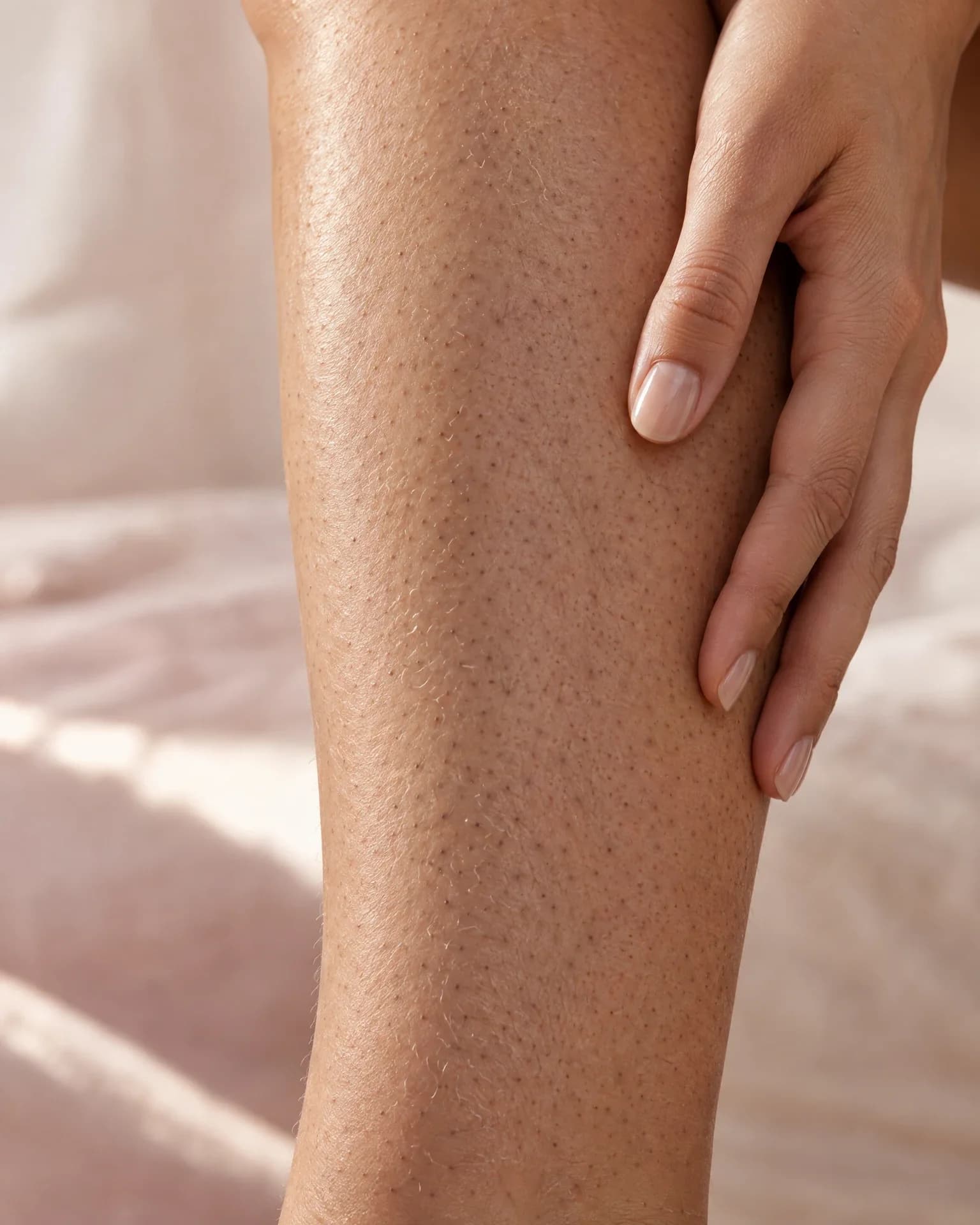 Close-up of strawberry legs: tiny dark dots and rough texture on a lower leg