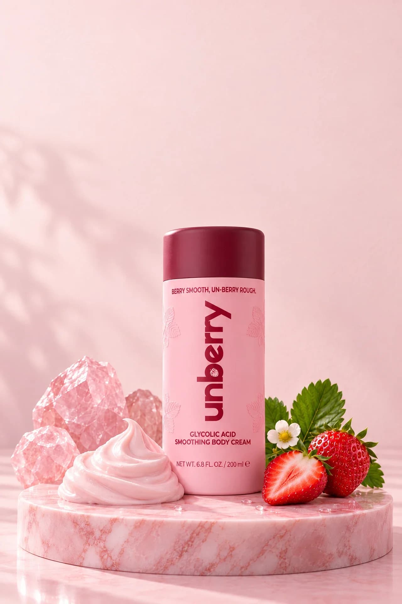 unberry Glycolic Acid Smoothing Body Cream on pink marble with whipped cream and strawberries