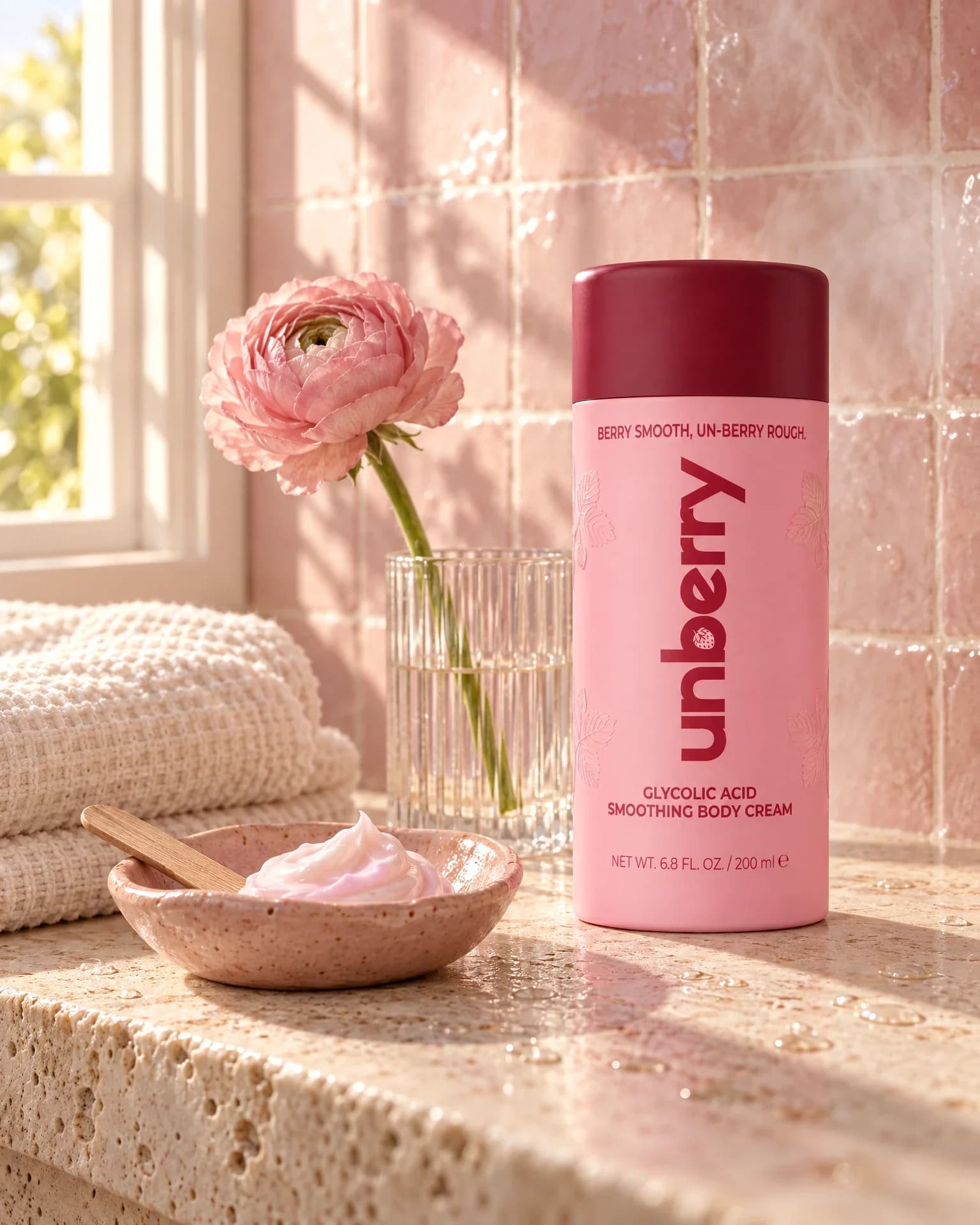 unberry body cream on a bathroom ledge beside a towel and a dish of cream