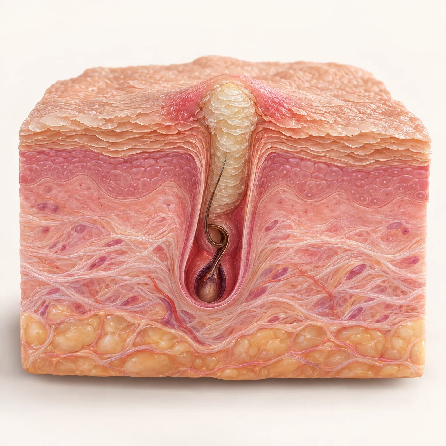 Illustration: skin cross-section with a keratin plug clogging a hair follicle