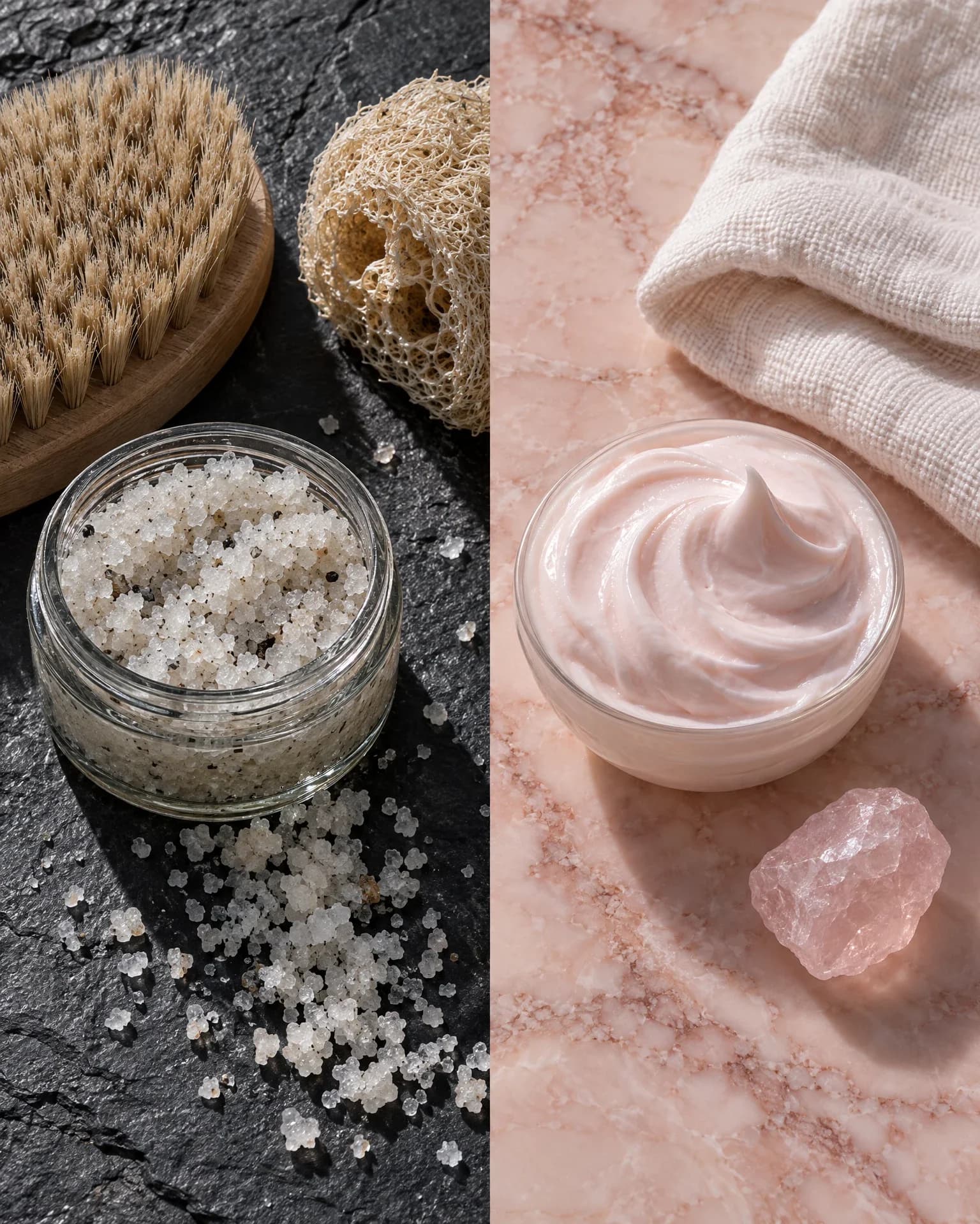 A stiff brush, loofah and salt scrub on one side, a soft cream and cloth on the other