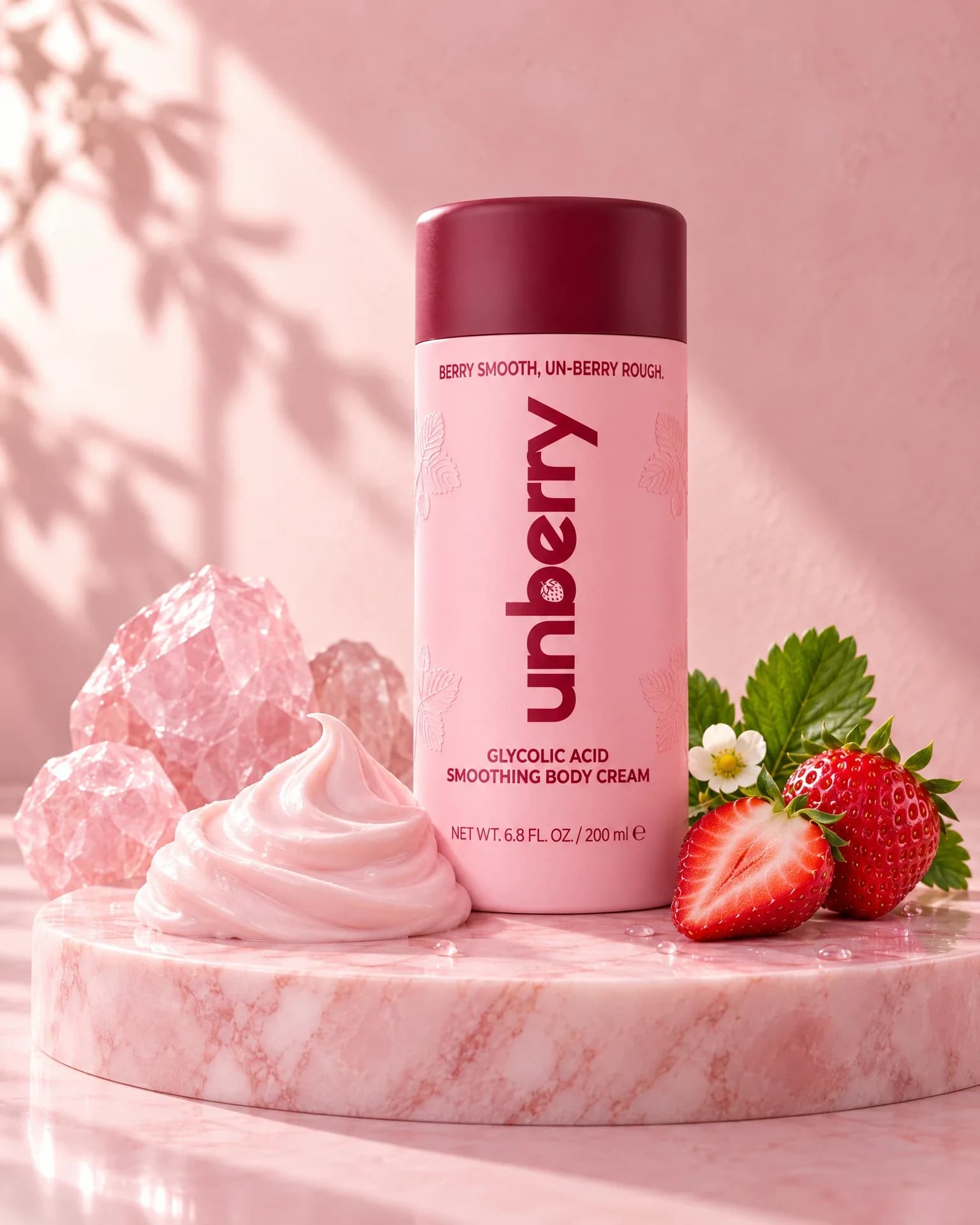 unberry Glycolic Acid Smoothing Body Cream on pink marble with whipped cream, strawberries and rose quartz