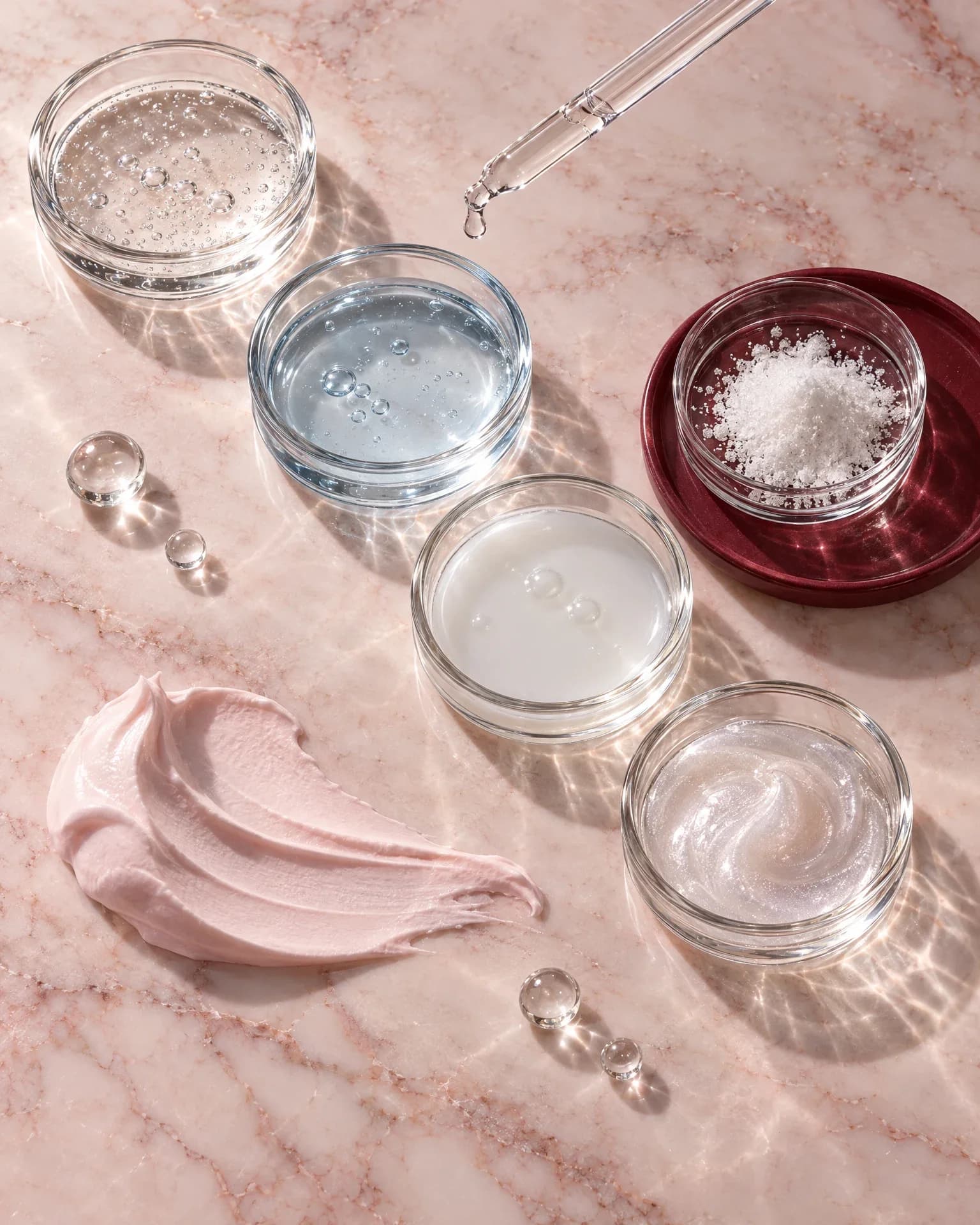 Glass dishes holding the active ingredients: acids, urea and niacinamide