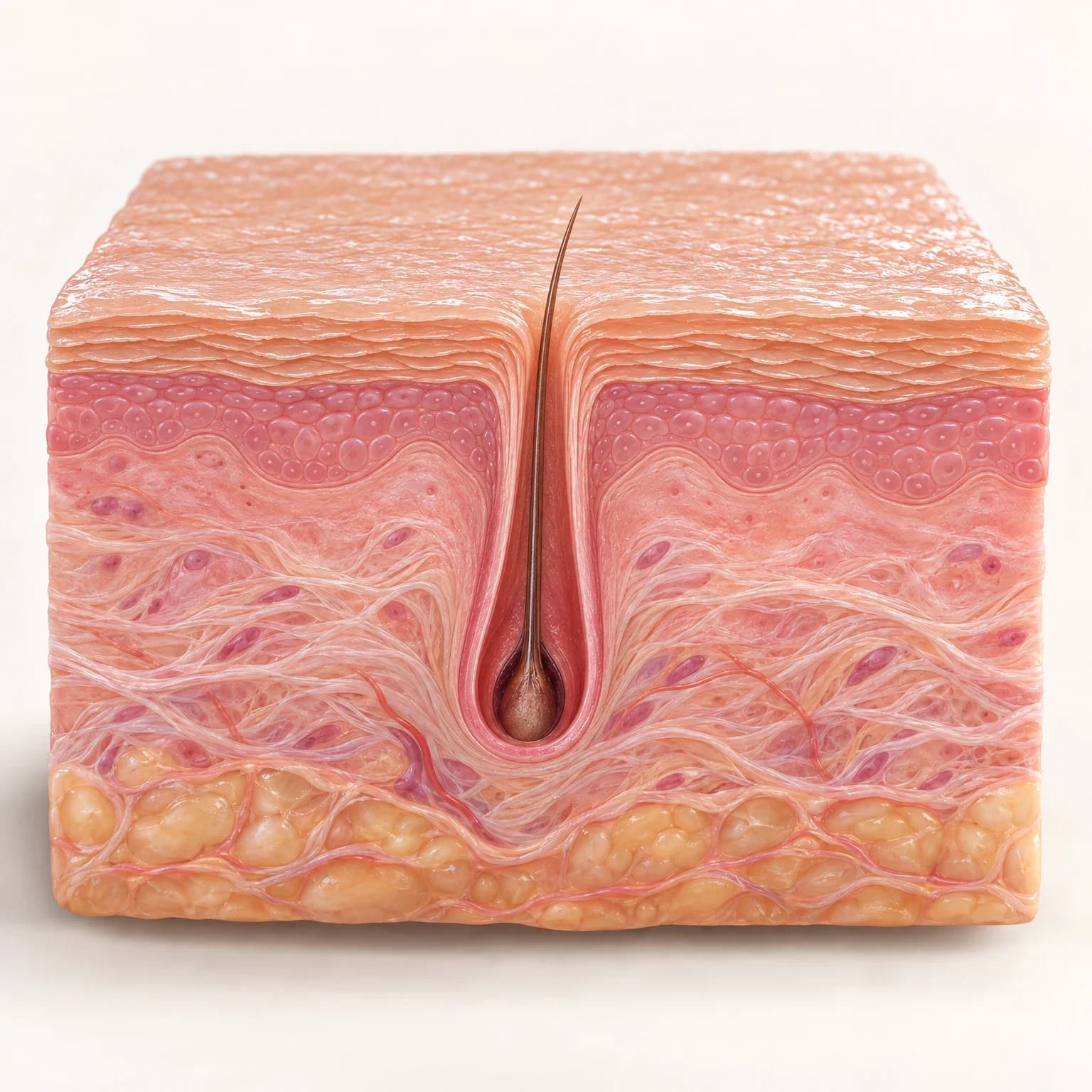 Illustration: the same skin cross-section, smooth and hydrated, with a clear follicle