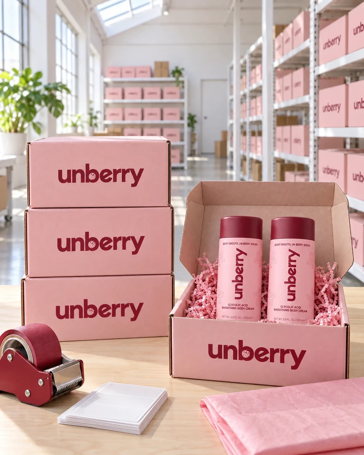 unberry shipping cartons stacked and ready to ship in a bright fulfillment room