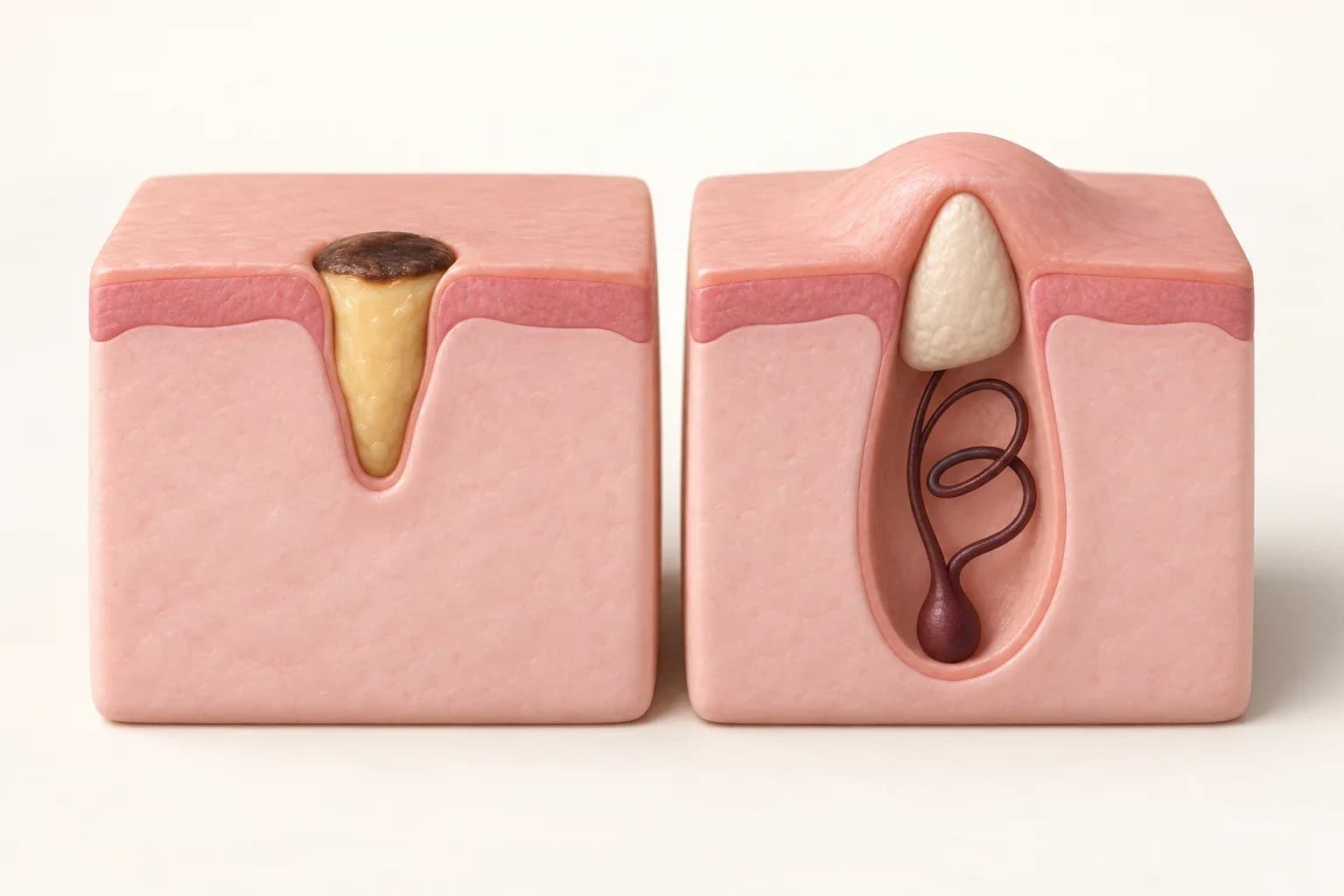 Two skin cross-sections: a flat pore with a dark-topped plug, and a raised bump sealed by keratin over a coiled hair