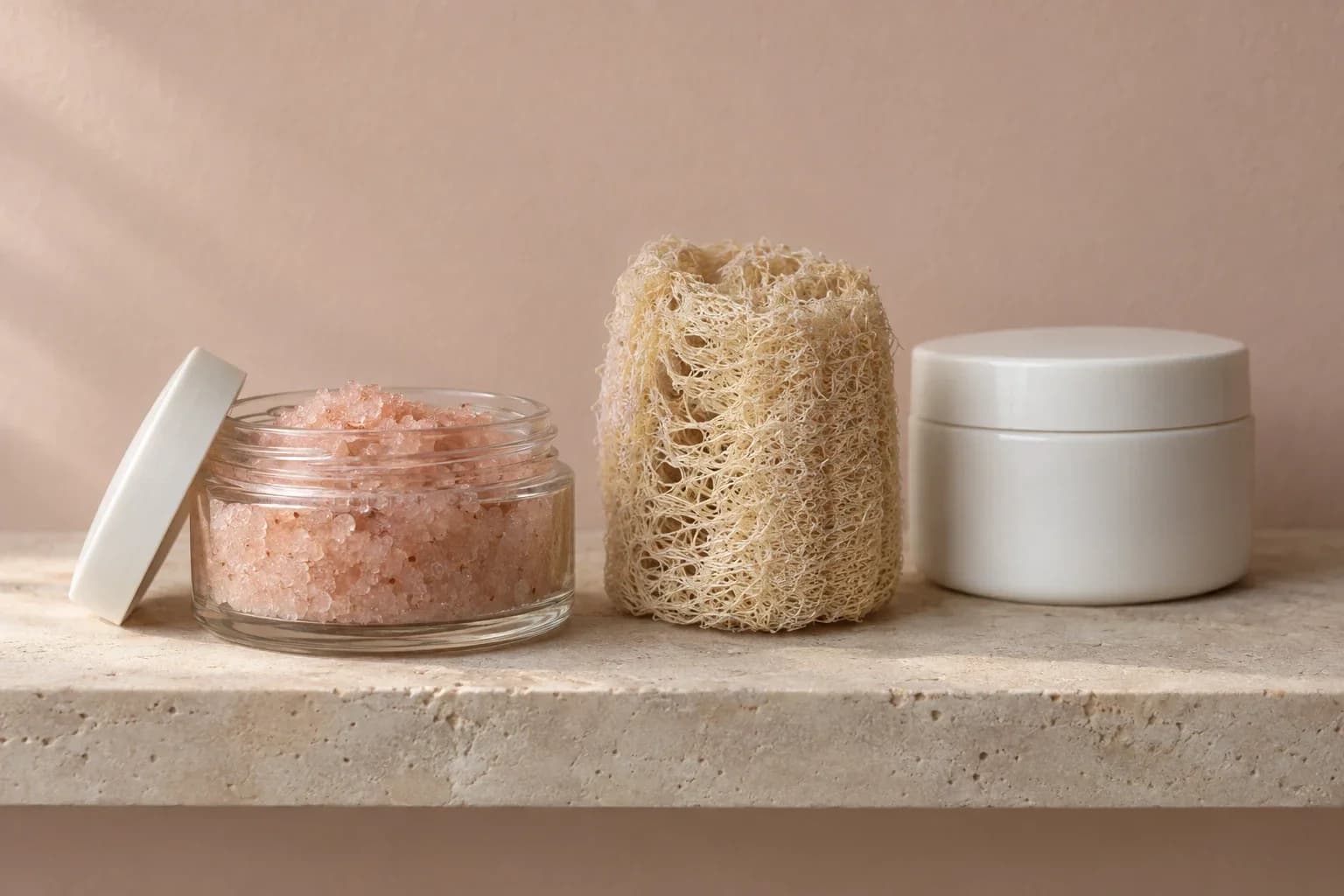 An open jar of grainy body scrub, a natural loofah and a plain white jar of lotion on a pale stone shelf
